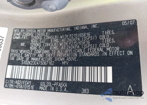 2007 Toyota Sienna Le from USA, damaged, VIN 5TDZK23C47S067162